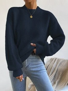 SHEIN 女款極簡優雅海軍藍圓領針織燈籠袖套頭衫，適合日常購物、休閒、度假、旅行、約會 - 藏蓝色 - 查看 3