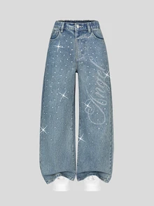 SHEIN Girls' Y2K Washed Distressed Rhinestone Letter Wide Leg Jeans, Tween GirlsElastic Waist Loose Straight Leg Long Pants, All-Over Shiny Rhinestone Decor Vintage Casual Versatile Daily Streetwear Blue Denim - Blue - View 8