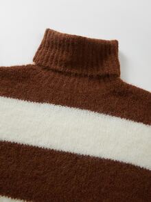 SHEIN Wide Stripe Turtleneck Sweater Dress Drop Shoulder Loose Short Knit Dress - Multicolor - View 3