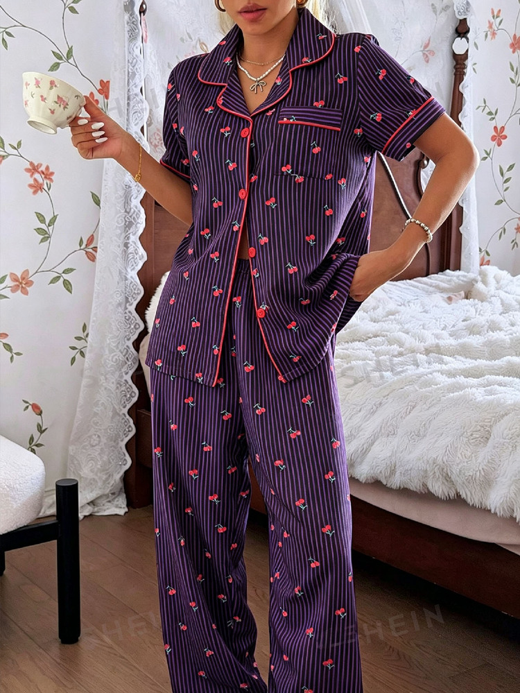 CottageSlumber Bubble Crinkle Sweet Striped Cherry Print Open Front Lapel Women's Pajama Set - Violet Purple - View 4