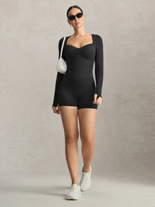 Activina Women Summer Spring Long Sleeve Slim Fit Sports Jumpsuit With Sweetheart Neckline And Ruched Detail For Active Wear Made Of Breathable Fabric - Black - View 8
