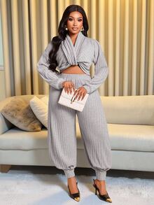 Brilight Grey Ribbed Knit 2 Pieces Loungewear Set V Neck Long Top High Waist Jogger Pants For Daily Lounge Str - Grey - View 1