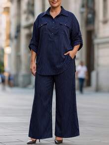 Chikora Plus Size Striped Shirt & Pants Casual Commuter Set - Navy Blue - View 5