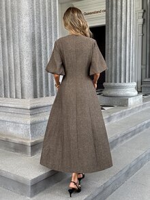 Pariaura New Vintage Long Sleeve Single-Breasted Loose Slimming Elegant Commute Herringbone Wool Long Dress - Multicolor - View 2