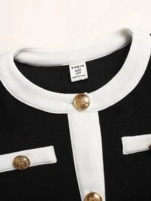 青少年女孩秋冬都市時尚復古拼色拼接長袖夾克與裙子套裝，適合返校與日常出遊 - 黑色 - 查看 5