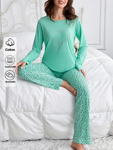 SHEIN طقم نوم وكاجوال نسائي من قطعتين باللون الأخضر النعناعي، قطن، مطبوع بنقشة قلب وحروف، أكمام طويلة وبنطال طويل - أخضر نعناع - مشاهدة 7