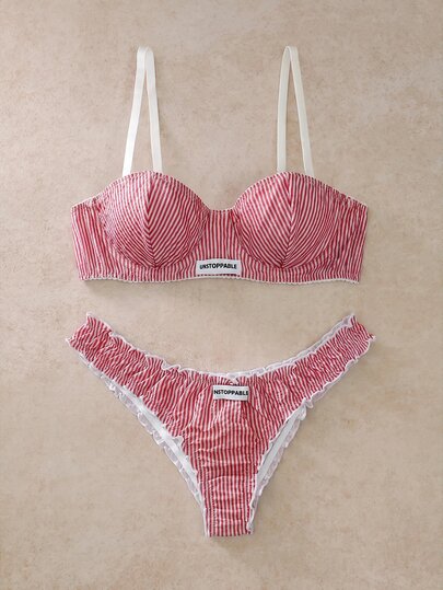 EverLounge 2pcs Striped 3/4 Cup Underwire Molded Cup Push-Up Support Lace Trim Bow Women's Lingerie Set
