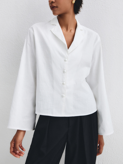 ATUI Studio Women's French Vintage Linen Short Sleeve Shirt, Summer Beach Vacation Style Slimming Blouse, Minimalist Elegant Blazer Collar Top, Gift For Wife
