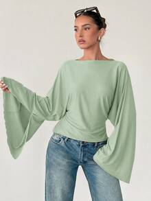 Siren Gaze Women's Solid Color Pleated Casual Versatile Daily T-Shirt - Mint Green - View 4