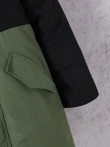 SHEIN 男童棉質加厚外套，黑色與軍綠色拼接連帽毛領填充外套，適合冬季與戶外穿著 - 軍綠色 - 查看 8