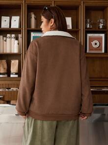 Muchica Plus-Size Brown Color-Block Corduroy Sweatshirt With Half-Zip And Fleece Lining (Preppy Style) - Brown - View 2