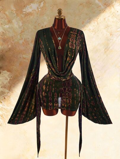 Amplova Women's Long Sleeve Cowl Neck Tie-Dye Vintage Mini Knit Dress