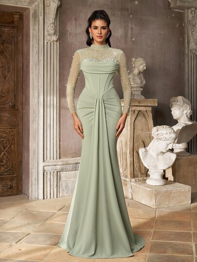 Aureia Vestido de Noite Elegante e Luxuoso com Contas, Tricô, Patchwork, Paetês, Sem Alças, Gola Alta, Cintura Transparente, Plissado, Modelador, Aba Frontal, Manga Longa, Estilo Sereia para Todas as Ocasiões Formais