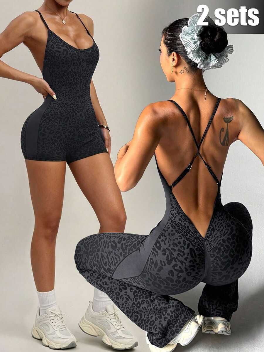 SHEIN Velisys Seamless Knit Same Color Leopard Print Sports Romper Shorts + Romper Pants 2-Piece Set - Dark Grey - View 1