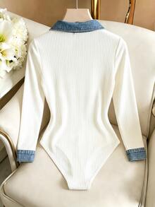 GlowEve Women's Colorblock Casual Versatile Daily Long Sleeve Bodysuit - White - View 2