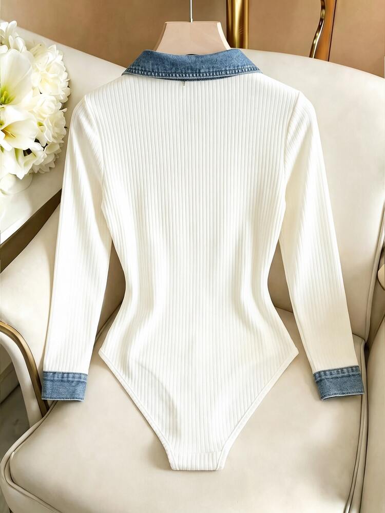 GlowEve 女款拼色休閒百搭日常長袖連身衣 - 白色 - 查看 2