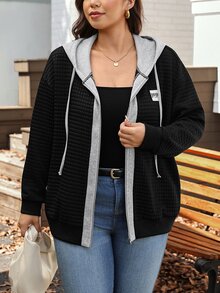 Comfylo Plus Drop Shoulder Drawstring Hoodie For Spring & Fall Travel Outfit Airport - Black - View 3