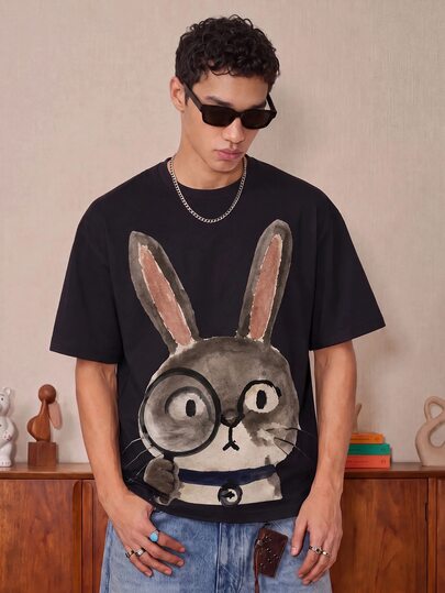 FROVYX Fun Detective Rabbit Hand-Drawn Print Short Sleeve T-Shirt, Explore Fun Fashion! Hand-Drawn Quirky Rabbit T-Shirt, Loose And Comfortable, Wear Out Unique Youthful Style