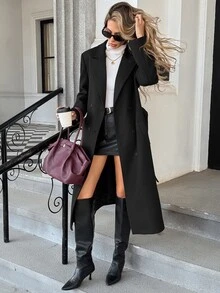 Pariaura Mantel Panjang Klasik Elegan Bergaya Eropa dan Amerika untuk Musim Semi/Panas, Serbaguna, Berwarna Polos, Berkerah Wol, Berikat Pinggang, Cocok untuk Perjalanan Sehari-hari - Hitam - View 3