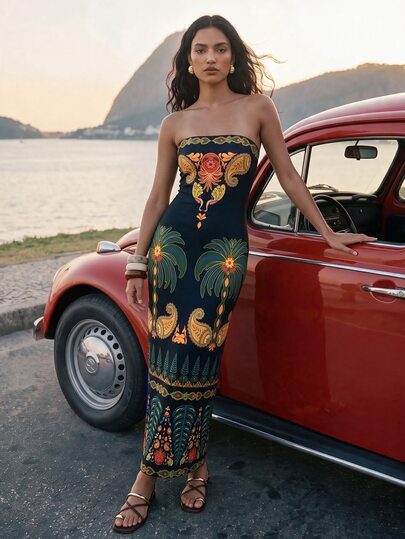CAJUNI Vestido casual de vacaciones sin tirantes con estampado tropical