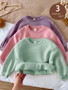 SHEIN LMoss Kids 女童 3件組 針織純色圓領寬鬆休閒秋冬衛衣套裝 - 彩色 - 查看 1