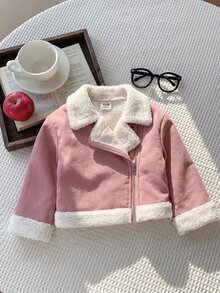 SHEIN 女嬰秋冬可愛百搭拼色保暖內裡人造毛外套 - 粉色 - 查看 4