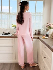 Snug Reverie Women's Light Pink V-Neck Large Bow Lace Trim Soft Comfortable Ribbed Knit Fabric Sweet Fresh Long Sleeve Pants Set - Baby Pink - View 3