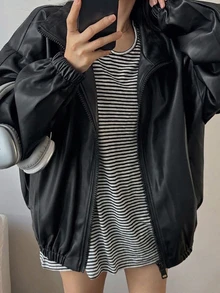DAZY Women's Solid Color Zipper Casual Street Versatile Daily Travel Long Sleeve Leather Jacket Fall Winter Night Out Black - Grey - View 4
