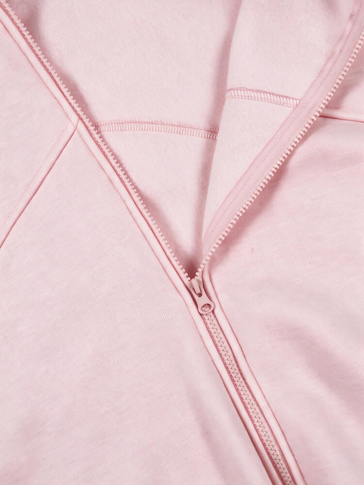 INAWLY Women's Solid Color Drawstring Casual Daily Travel Zip-Up Hooded Long Sleeve Sweatshirt - Pink - View 4
