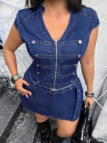 Jeanoix Gaun Denim Kasual Musim Panas Wanita Ukuran Plus dengan Desain Gesper - Biru - View 4