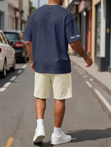 Sorvial Men's Fitted Knit Navy Blue Top And Apricot Woven Shorts Set - Navy Blue - View 2