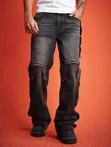 ROMWE MEN Street Life Men's Casual Washed Patchwork Flare Jeans - Grey - View 5