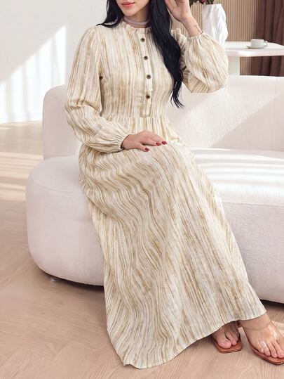 Yasmyna Women's Minimalist Button Half-Placket Long Sleeve Arabian Dress