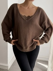 DAZY Women's Vintage Fashion Lace Patchwork Long Sleeve Sweater Fall - Brown - View 4