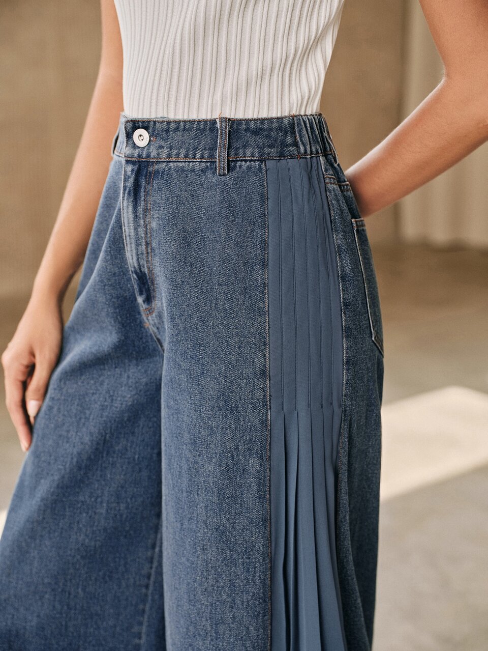 Women's Colorblock Patchwork Drapey Wide Leg Denim Jeans, Spring/Summer