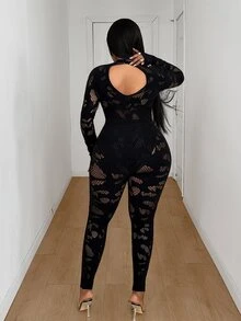 Maweii جمبسوت نسائي مقاس كبير بتصميم مفرغ وأكمام طويلة مثير - الأسود - مشاهدة 6