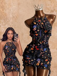 SHEIN Raffinéa 女款花卉印花休閒日常夏季旅行掛脖洋裝 - 彩色 - 查看 3