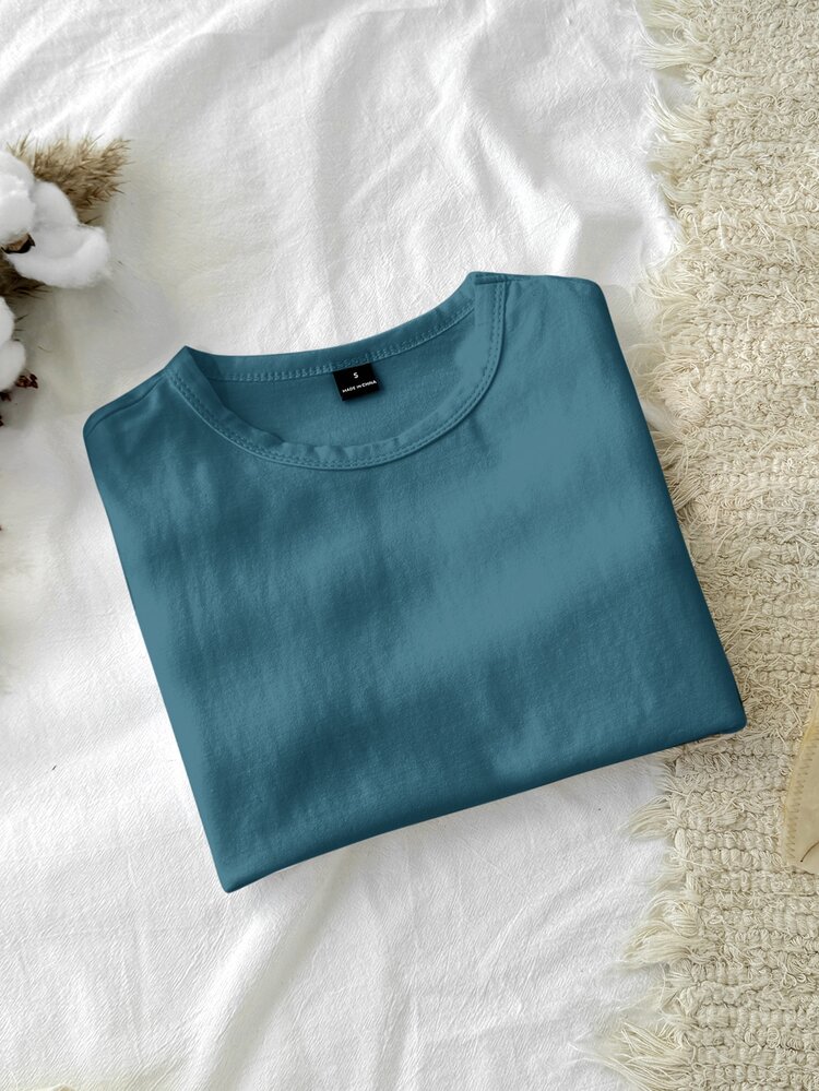 Tseoso 95% Cotton. Casual Minimalist Solid Color Round Neck Short Sleeve Fitted Cropped T-Shirt For Women - Multicolor - View 9
