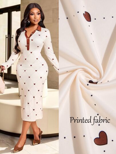 Brilight Vestido midi ajustado con estampado de corazones y rombos para citas, brunch, uso diario y estilo urbano