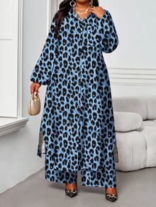 SHEIN Lady 大尺碼女款豹紋上衣與長褲休閒優雅日常兩件套 正式度假晚餐藍色秋季 - 藍色 - 查看 1
