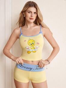 LOONEY TUNES X SHEIN Women's Cartoon Print Camisole & Boy Shorts 2 Pieces Set - Light Yellow - View 1