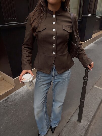 SHEIN Glamour New Chinese Style Commuter Elegant Woven Solid Color Chinese Stand Collar Design, Single-Breasted Resin Button Placket Symmetrical Faux Pockets Structured Waist Fishtail Hem Women's Jacket, Suitable For Daily Commute, Vintage Date, Workplace Commute, Regular Jacket Outerwear