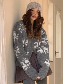 DAZY Women's Colorblock Pattern Jacquard Loose Long Sleeve Crew Neck Casual Vacation Autumn/Winter Knit Cardigan - Grey - View 4