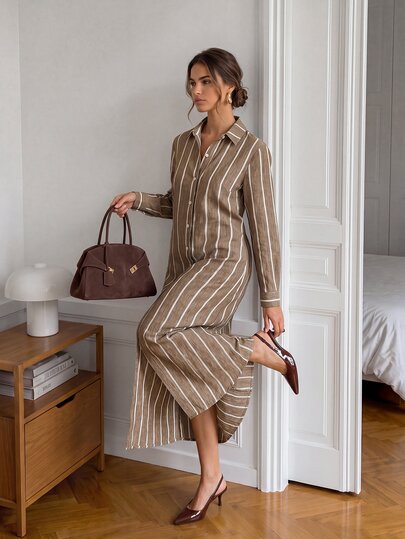 Easowa Women's Striped Long Sleeve Single-Breasted Casual Shirt Dress