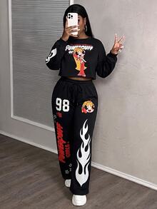 Slaydiva THE POWERPUFF GIRLS X SHEIN Plus Size Cartoon Print Top And Pants 2 Pieces Set, Suitable For Outings And Streetwear - Black - View 5