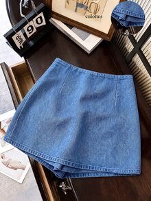 SHEIN Franclia 時尚休閒通勤百搭丹寧效果印花紋理柔軟面料高腰開衩女款短褲/裙/寬腿褲/熱褲 - 藍色 - 查看 2