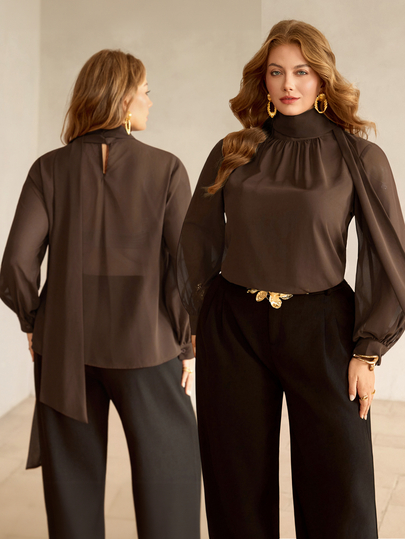 Roveilla Plus Size Lantern Sleeve Ruched High Neck Elegant Sophisticated Commuter Blouse