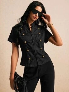 Poéselle Women's Fashion Double-Breasted Short Sleeve Denim Top - Black - View 1