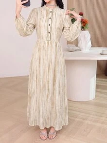 Yasmyna فستان عربي نسائي بتصميم بسيط مع أزرار وفتحة نصفية وأكمام طويلة - متعدد الألوان - مشاهدة 1