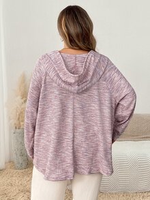 SHEIN CURVE+ Plus Size Women's Hooded Drawstring Button Waffle Knit Loose Casual Sweatshirt, Autumn/Winter Fall - Pink - View 2